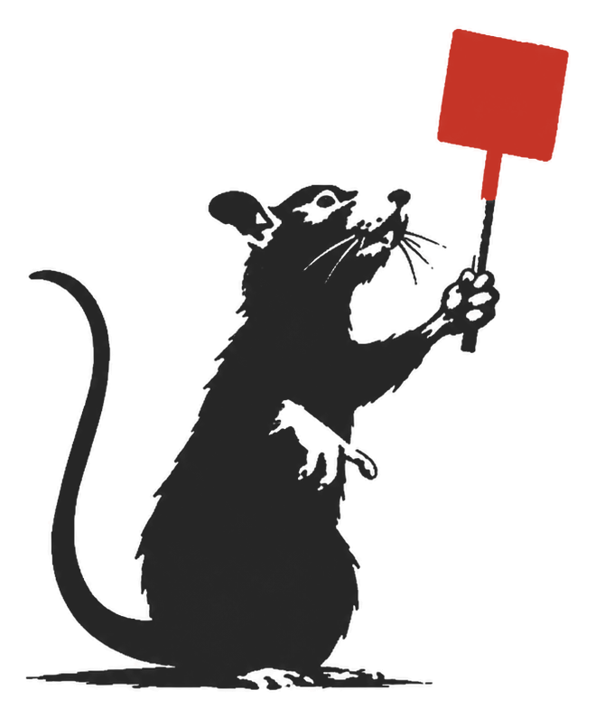 Banksy rat holding a blank placard