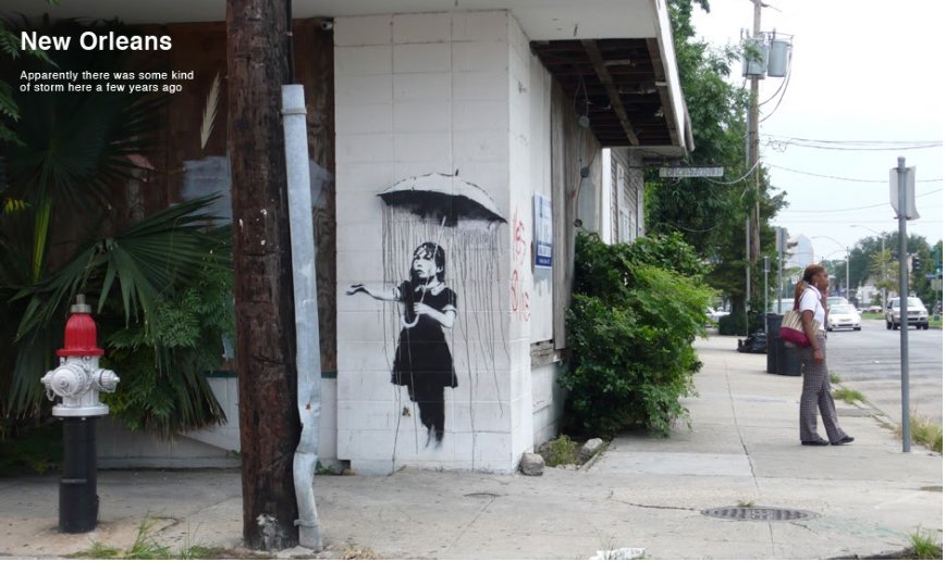 Banksy, Nola (Umbrella Girl) mural on a New Orleans street corner, 2008